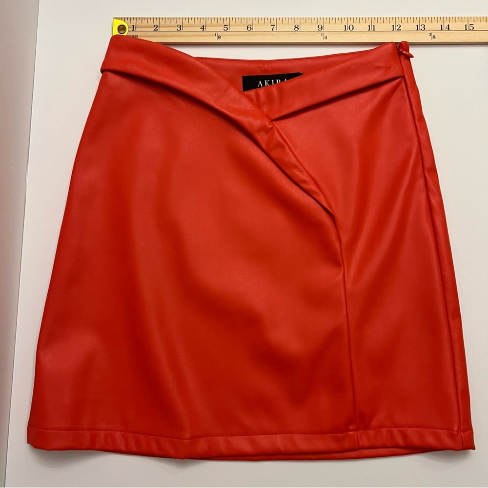 AKIRA Faux Leather Crossover Front Mini Skirt-Orange Red - Picture 5 of 9